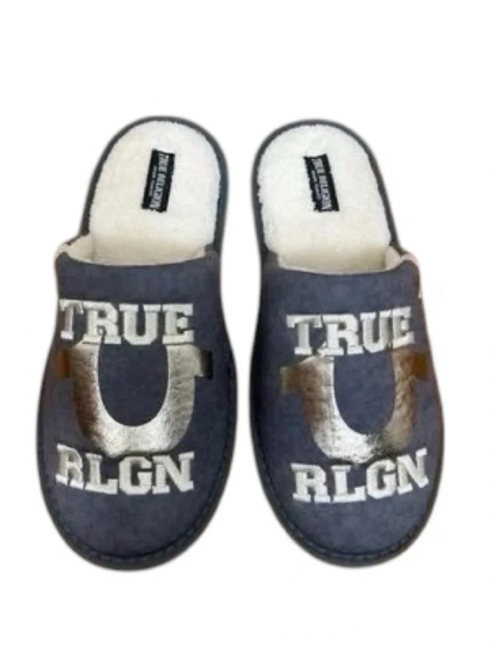 Sz 7-8 True Religion Navy Faux-Fur Lined Slide Slippers